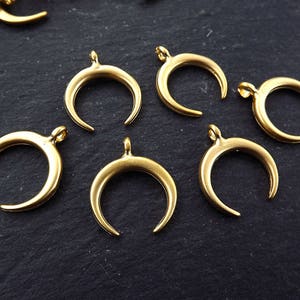 6 Gold Crescent Double Horn Charms, Crescent Pendant, Tribal Charms, Moon Charms, Bracelet Charms, 22k Matte Gold Plated