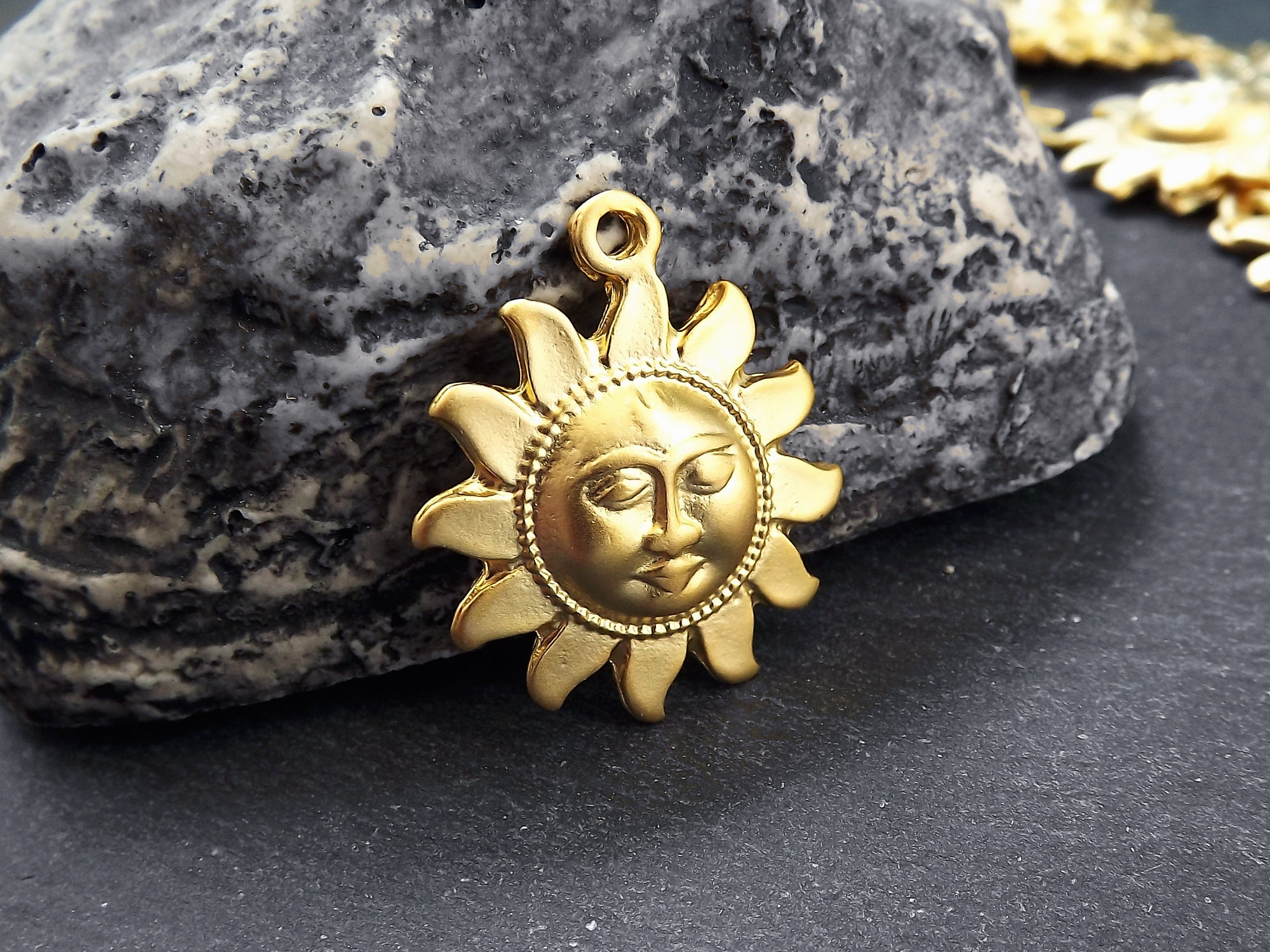 Sun Face Pendant Charm Surya Pendant Sunshine Pendant Sun God Pendant Lord Surya Hindu Symbolism 22k Matte Gold Plated 2pc