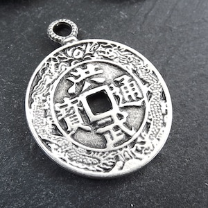 Chinese Coin Pendant, Good Fortune Pendant, Feng Shui Coin Charm, Medallion Pendant, Matte Antique Silver Plated, 1pc