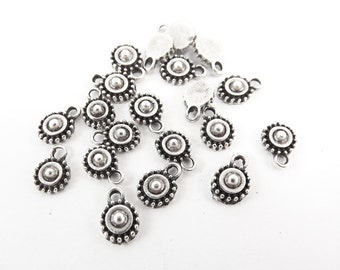 20 Tiny Rustic Cast Round Tribal Charms - Matte Antique Silver Plated