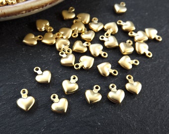 30 Tiny Gold Heart Charms Mini Puff Heart Charm Pendants, Jewelry Making Supplies, 22k Matte Gold Plated, 30pcs