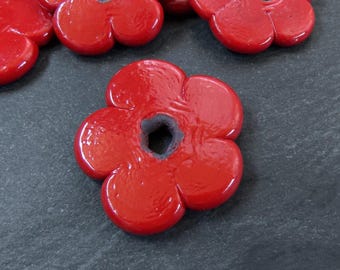 2 Large Red Glass Flower Beads, Large Chunky Flower Artisan Handmade Opaque Red, Size Between 40 - 48mm