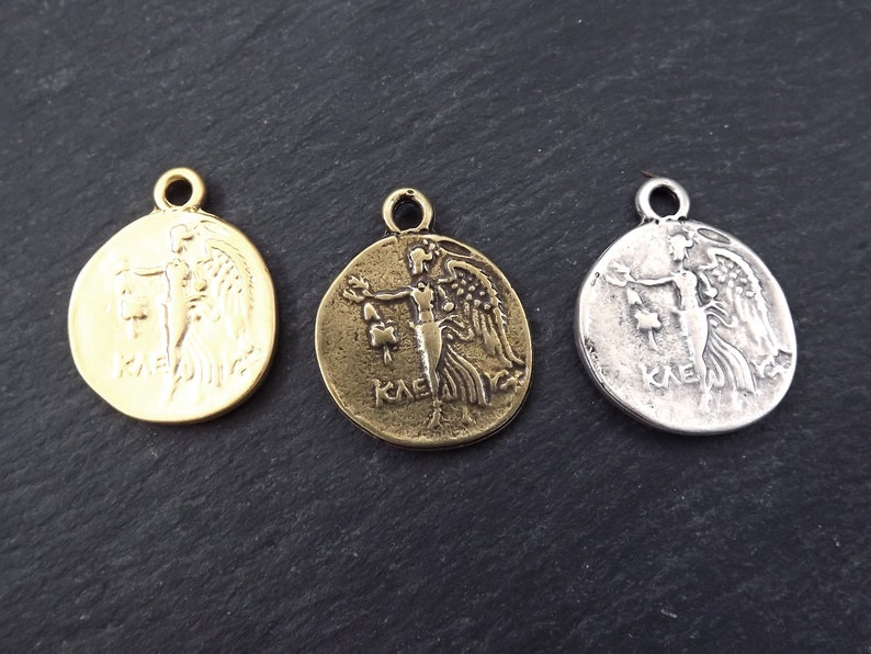 Pamphylia Silver Tetradrachm Athena Matte Antique Silver Plated 2pc Greek Coin Medallion Rustic Cast Pendant