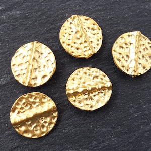 Gold Hammered Beads, Round Beads, Disc Beads, Statement Beads, Gold Beads, Gold Spacers, Beading Supplies, Boho, 22k Matte Gold Plated - 5pc