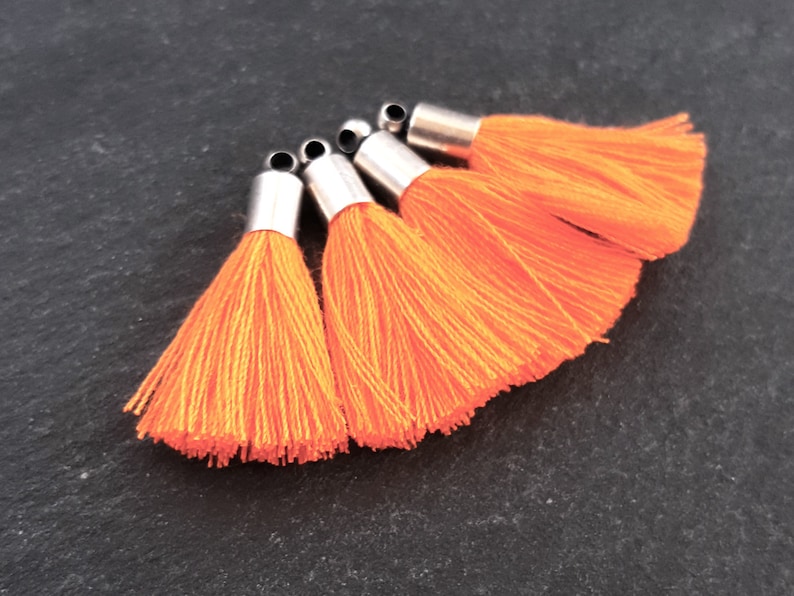 Mini Neon Orange Soft Thread Tassels Earring Bracelet Tassel Fringe Turkish Findings Antique Matte Silver Plated Cap 4pc NEW CAP 26mm