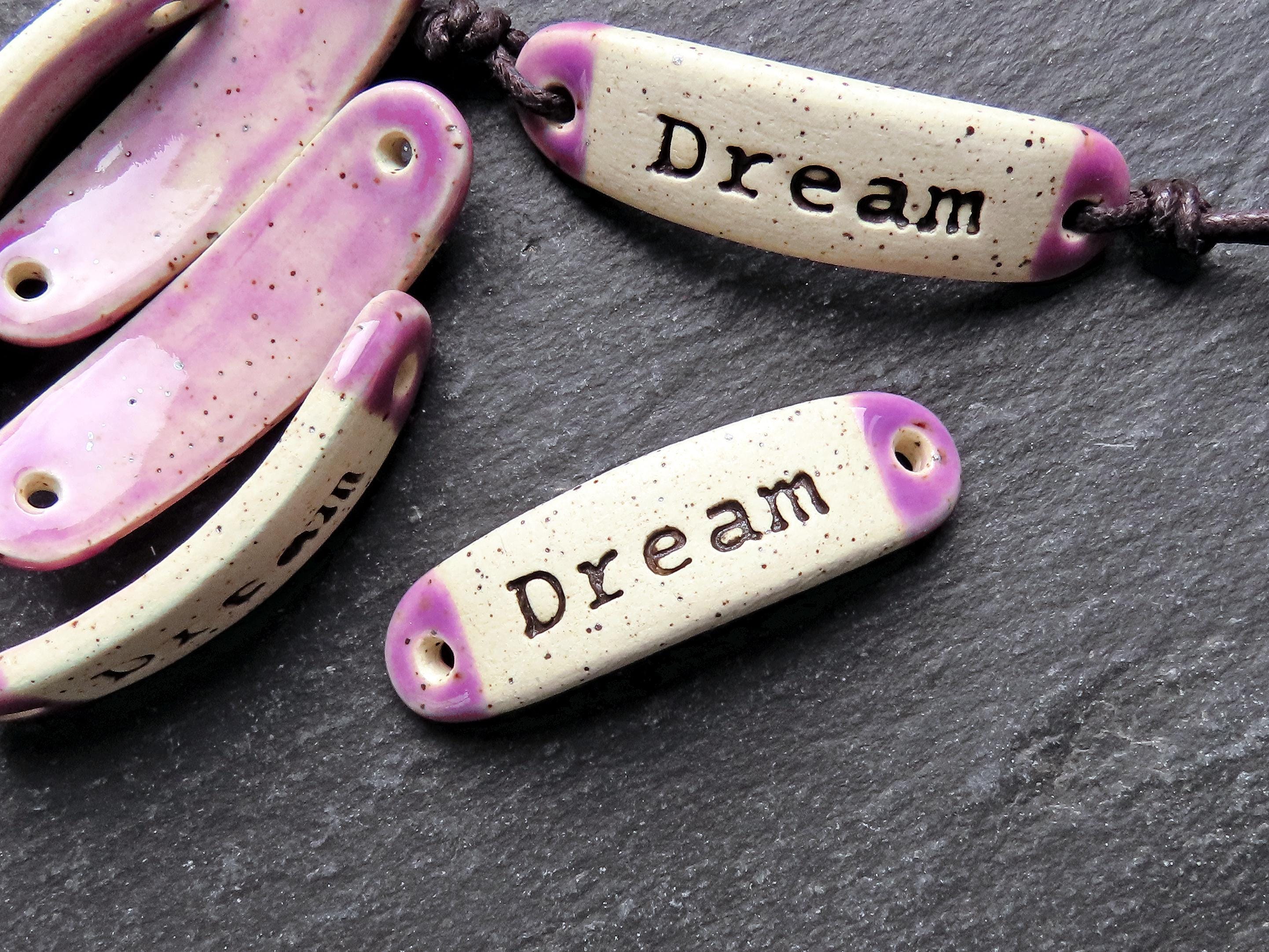 Dream Ceramic Focal Bead, Curved Inspirational Word Connector, Handmade Stoneware, Amethyst Purple Glaze, 1pc