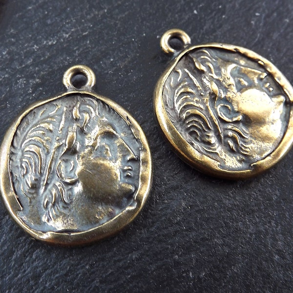Ancient Greek Coin Pendant Charm, Demetrios Poliorketes, King of Macedonia, Poseidon Coin, Replica Coin, Necklace Coin, Antique Bronze, 2pc