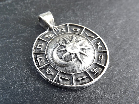 Zodiac Horoscope Pendant, Sun Moon Pendant, Silver Constellation Charm, Disc Pendant, Coin Pendant, Matte Antique SilverPlated, 1pc