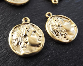 Gold Greek Coin Pendants Charms, Demetrios Poliorketes, King of Macedonia, Poseidon Coin, Replica Coin, Bohemian, 22k Matte Gold, 2pc