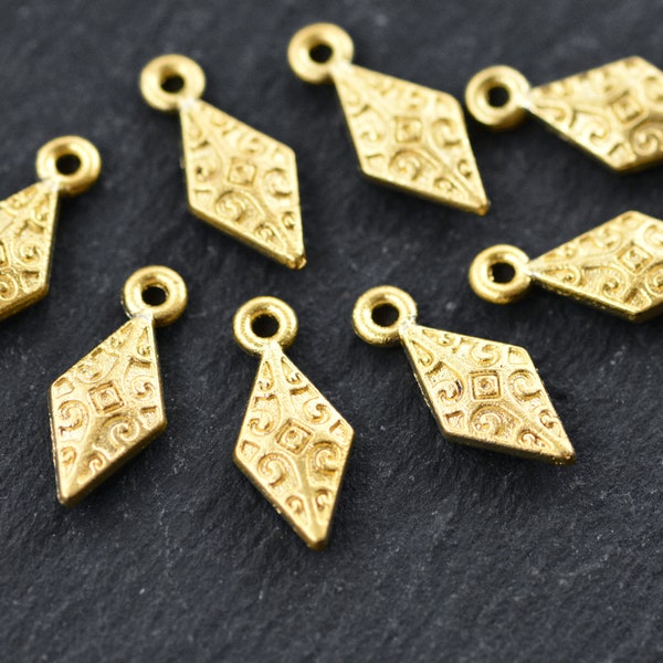 Gold Tribal Diamond Charms, Ethnic Drop Pendant, Bracelet Charm, Beading Charm, 22k Matte Gold Plated, 8pcs