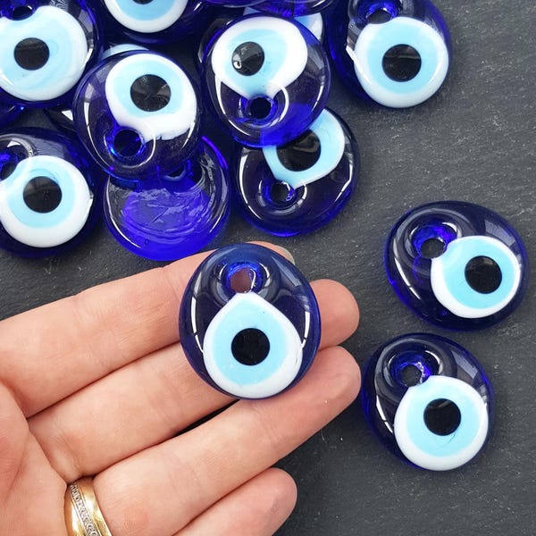 Glass Evil Eye Nazar Bead Pendants, Small Turkish Protective Amulet Talisman, 35mm, 3pcs