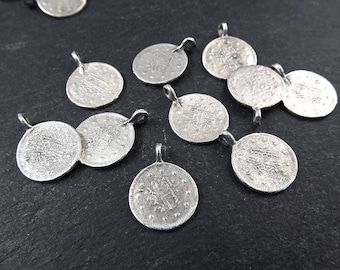 10 Round Coin Charms - Matte Antique Silver Plated - 16x13mm