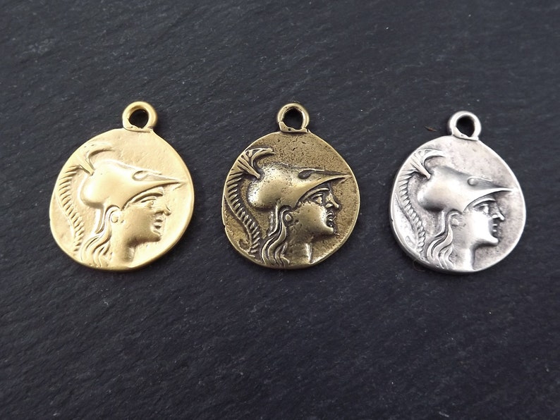 Pamphylia Silver Tetradrachm Athena Matte Antique Silver Plated 2pc Greek Coin Medallion Rustic Cast Pendant