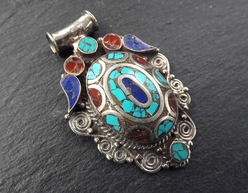 Turquoise pendant Tribal pendant Nepali jewelry gemstone pendant Lapis 1pc Nepalese pendant Tibetan Nepal pendant Coral pendant