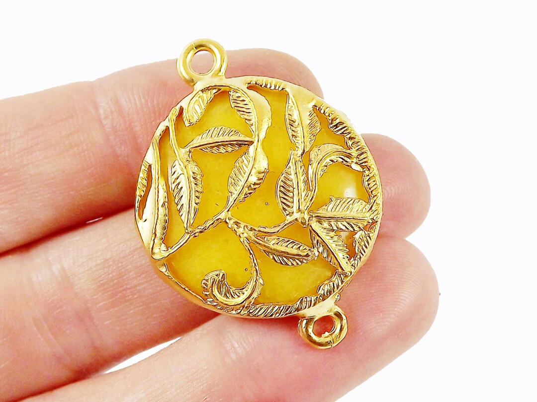Yellow Rustic Leaves Jade Connector Gold Plated Bezel 1pc - Etsy