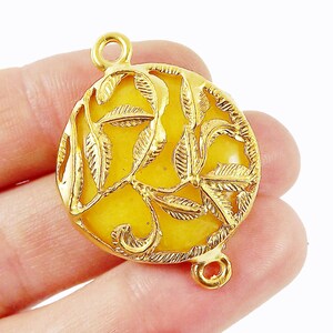 Yellow Rustic Leaves Jade Connector  - Gold plated Bezel - 1pc