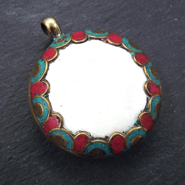 Large Round Tibetan Conch Shell Pendant, Red Coral and Turquoise Inlay, Naga Conch, 1pc