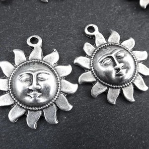 Sun Face Pendant Charm, Surya Pendant, Sunshine Pendant, Sun God Pendant, Lord Surya, Hindu Symbolism, Matte Antique Silver Plated, 2pc