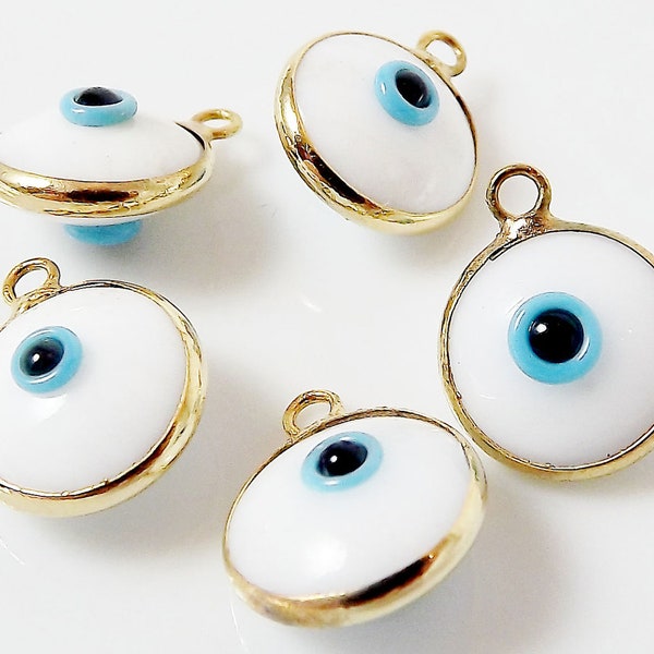 5 White Evil Eye Nazar Artisan Glass Bead Charms - Gold Plated Brass Bezel - GCM113
