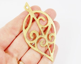 Large Fretwork Leaf Pendant Charm - 22k Matte Gold Plated - 1PC