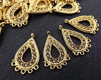Filigraan Kroonluchter, Kroonluchter Charme, Oorbel Kroonluchter, Gouden Kroonluchter, Oorbel Hanger, Telkari Hangers, 5 Lussen, 22k Mat Goud, 4 stuks