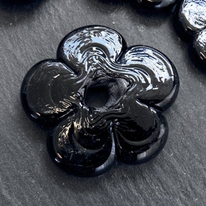 2 Large Black Glass Flower Beads, Large Chunky Flower Artisan Handmade, Size Between 40 48mm image 1