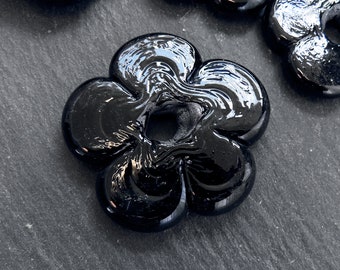 2 Large Black Glass Flower Beads, Large Chunky Flower Artisan Handmade, Size Between 40 - 48mm
