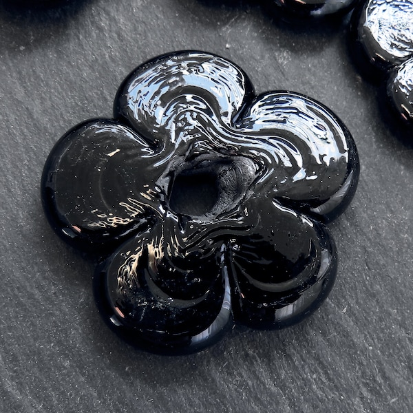 2 Large Black Glass Flower Beads, Large Chunky Flower Artisan Handmade, Size Between 40 - 48mm