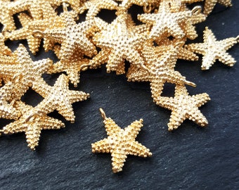 Gold Starfish Charms, Star Charms, Gold Stars, Beach Style, Bracelet Charms, Animal charms, Nautical charms, 22k Matte Gold Plated 8pcs