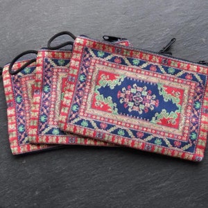 Kilim Zip Coin Pouch Purse, Turkish Embroidery Fabric Zipper Bags, Small Organizer Alternative Resuable Packaging, No:5 Red Navy Set of 3pc