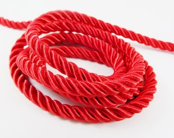 Red 5mm Twisted Rayon Satin Rope Silk Braid Cord - 3 Ply Twist - 1 meters - 1.09 Yards