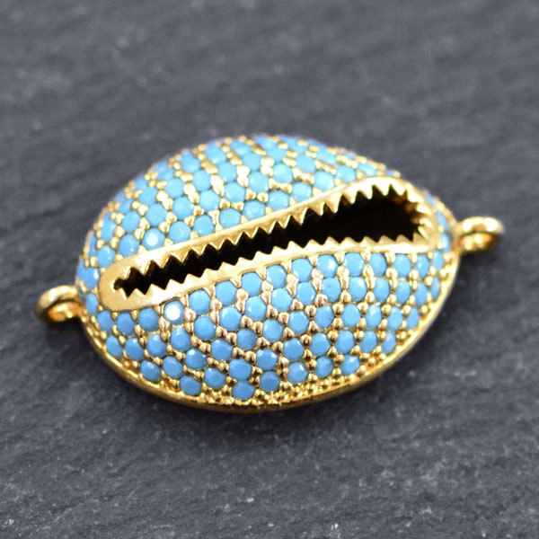 Cowrie Shell Connector Charms, Gold Rhinestone Shell Charms, Blue Micro Pave Cowrie Shell, Puka Shell, Bracelet Charm