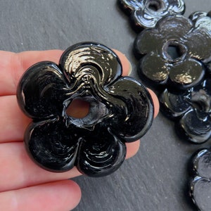 2 Large Black Glass Flower Beads, Large Chunky Flower Artisan Handmade, Size Between 40 48mm image 4