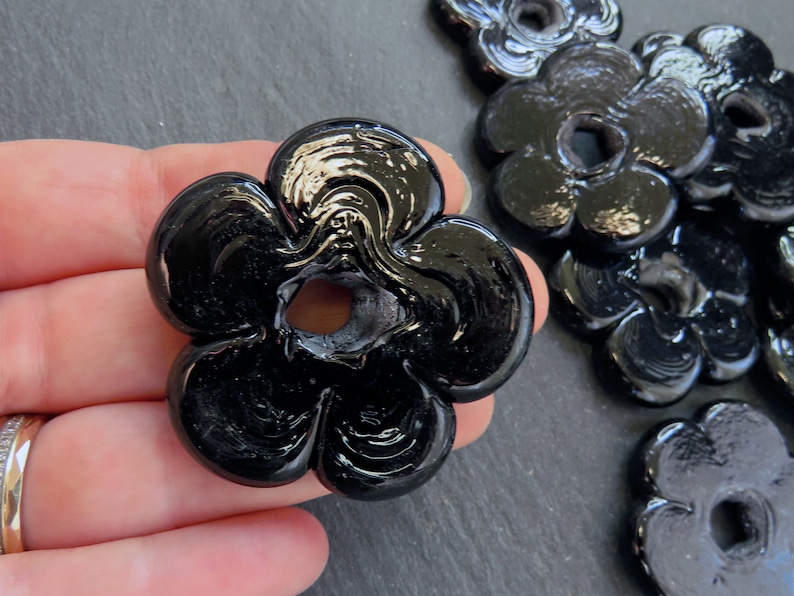 2 Large Black Glass Flower Beads, Large Chunky Flower Artisan Handmade, Size Between 40 48mm image 4