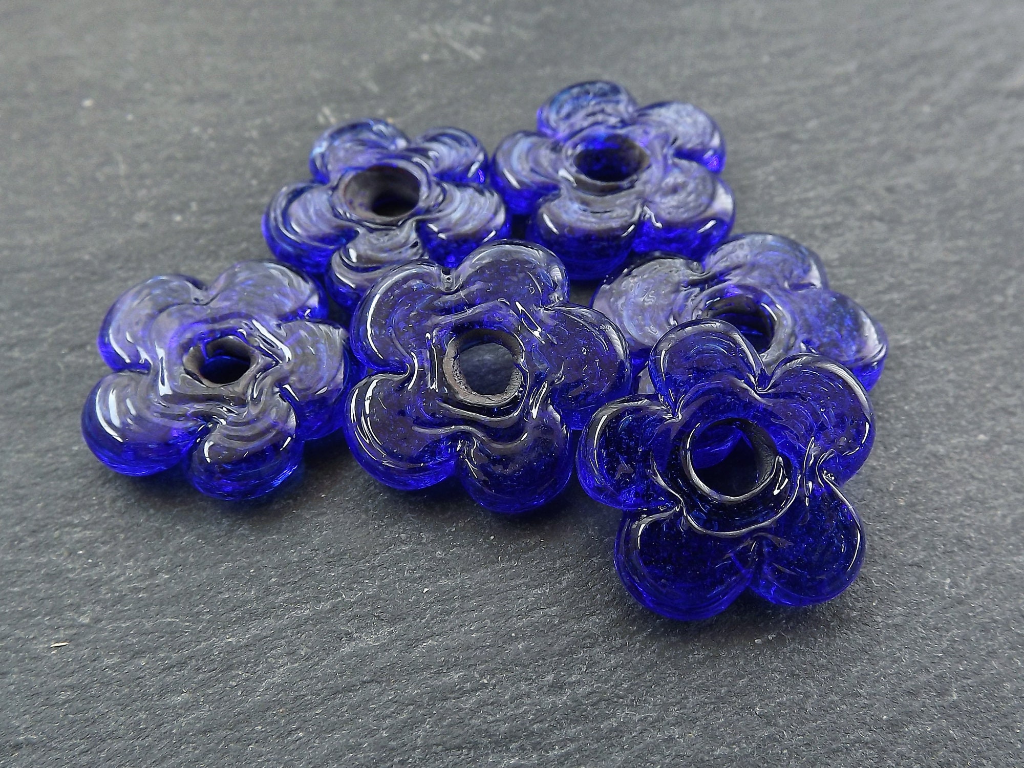 6 Navy Blue Glass Flower Beads Large Chunky Flower Artisan Etsy