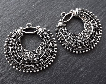 Silver Earring Pendant, Exotic Pendant, Filigree Pendant, Earring Chandelier, Silver Chandelier, Crescent, Matte Antique Silver Plated 2pc