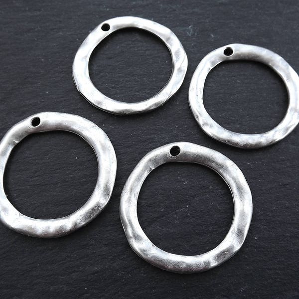 Large Organic Round Silver Ring Closed Loop Pendant Connector with Hole - Matte Antique Silver Plated - 4 PC