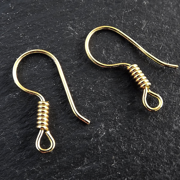 Gold Ear Wires, French Ear Wires, Earring Hooks, Earring Wires, Ear Hooks, Hook with Coil, Metal Ear Wires, Shiny 22k Gold Plated, 12 pairs