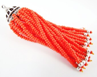 Long Opaque Orange Beaded Tassel - Matte Silver Plated Brass - 1PC