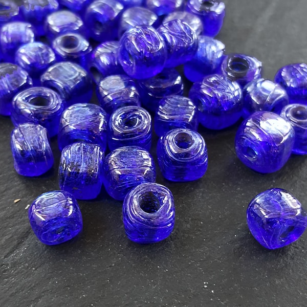 30 Navy Blue Rustic Cube Glass Bead, Square Beads, Turkish Glass Beads, Blue Glass Beads, Artisan Beads, Handmade Beads - 7mm BULK -