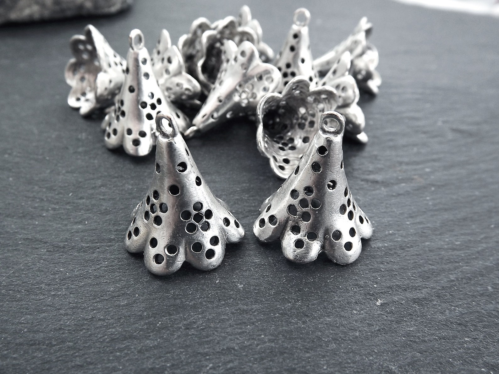 Fluted Bead End Caps With Loop Flower Pendant Large Bead Etsy