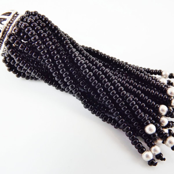 Long Black Beaded Tassel -  Matte Silver Plated Brass - 1PC