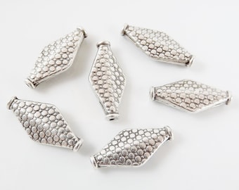 6 Dotted Rhombus Diamond Shaped Spacer Beads - Matte Silver Plated