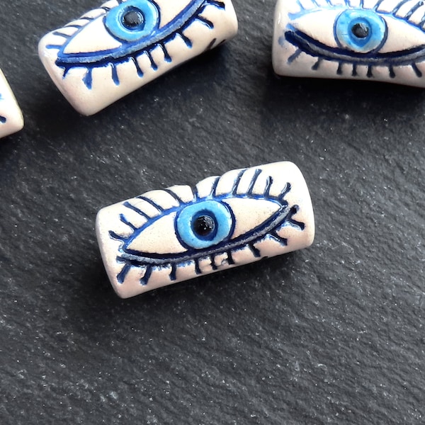 Handmade Evil Eye Ceramic Tube Bead, Long Artisan Bead for Jewelry Making, Handcrafted Pottery Findings, 27x12mm, Blue Eye, 1pc