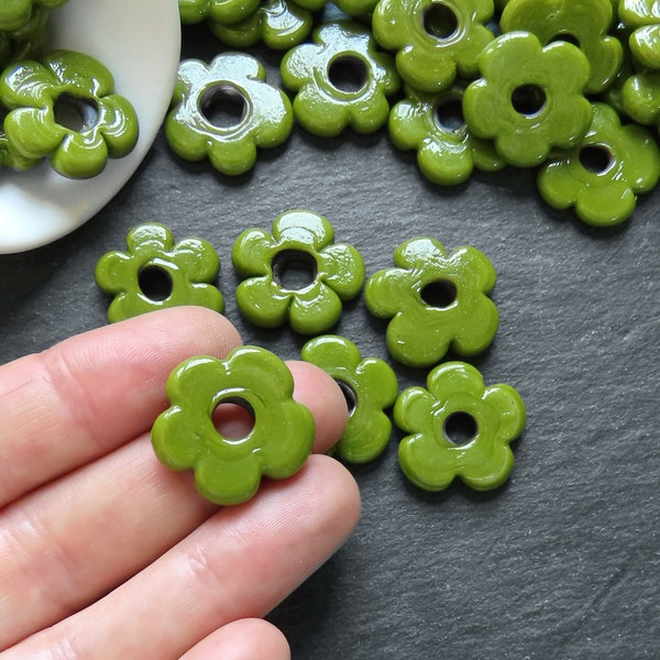 6 Olive Green Glass Flower Beads, Large Chunky Flower Artisan Handmade, 20mm