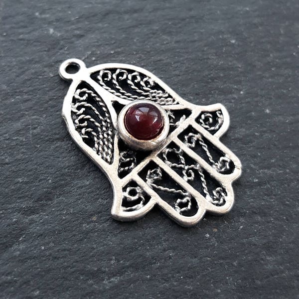 Garnet Red Jade Stone Filigree Hand of Fatima Hamsa Pendant Charm, Silver charm, Boho Bohemian Ethnic Jewelry Antique Matte Silver Plated