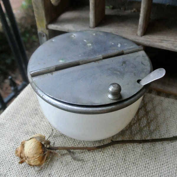 AMAZING Vintage Porcelain and Metal Salt/Sugar Box with Spoon