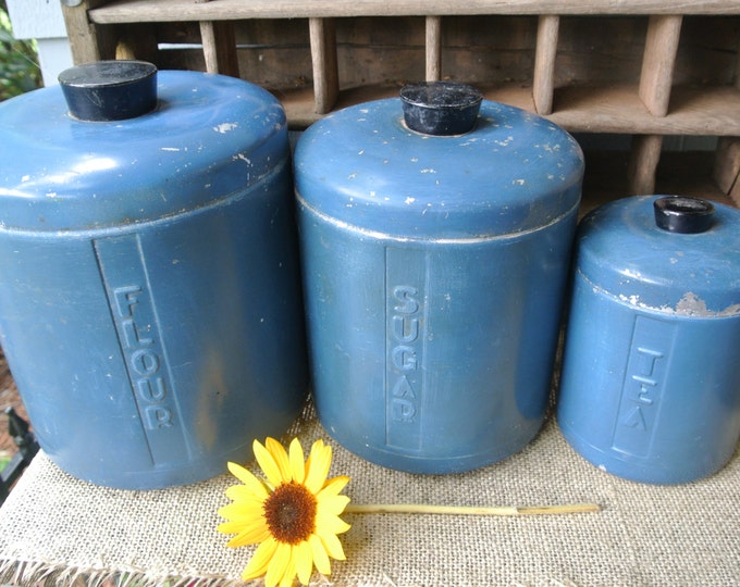 Vintage Mid Century Modern Blue Kitchen Canister Set of Three Etsy