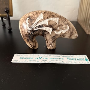 Vintage Navajo Horsehair Pottery Spirit Bear, Signed T. Vail - Hand-Etched Native American Ceramic Sculpture, 5.5"