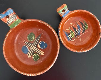 Vintage Terracotta Mexican Redware, Hand Painted Folk Art Bowls